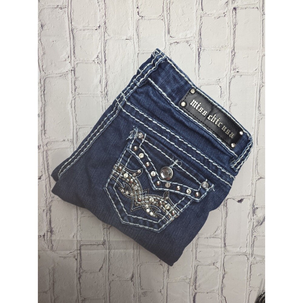 Miss Chic Jeans Women Sz 28 Boot Cut Medium Wash Back Flap Pockets Bling